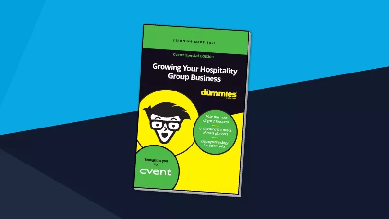 Dummies book on growing your hospitality group business with cvent logo and background of blue and gray.