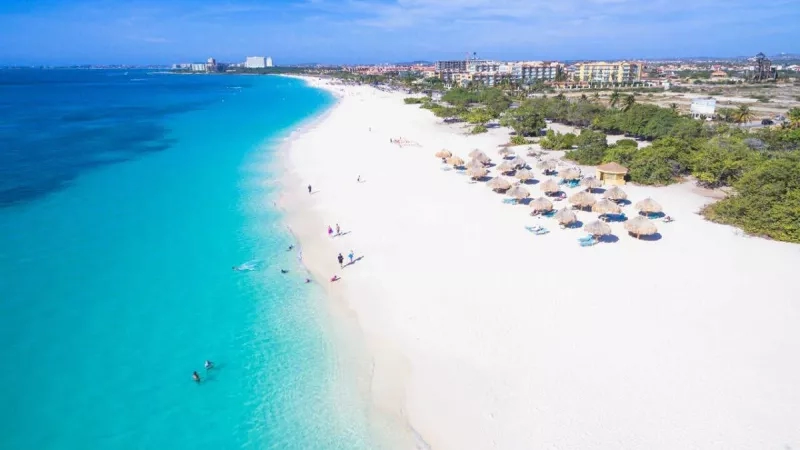 Aerial view of the beach and resorts on the coast of Aruba in the Caribbean.