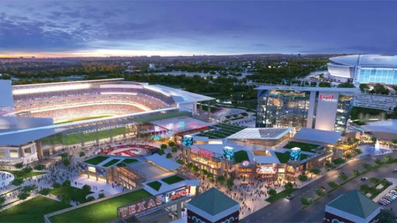 Live by Loews Arlington is a modern city with a stadium, buildings, green spaces, and a warm ambiance.