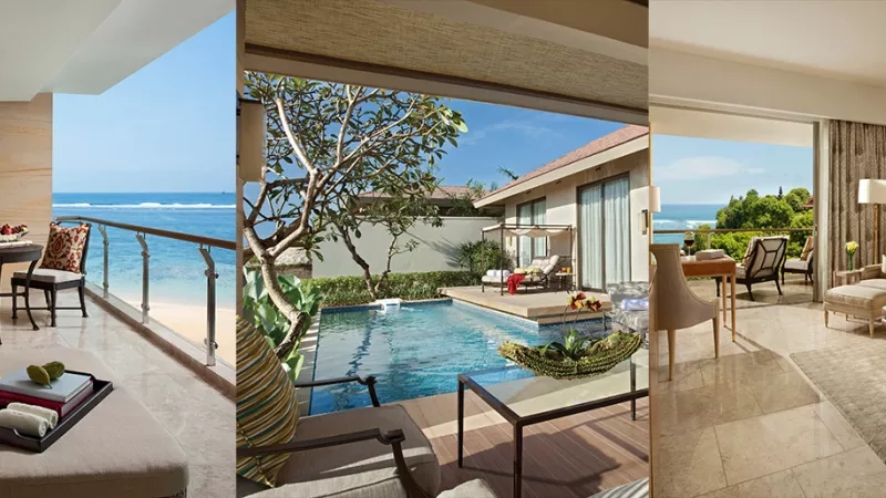 Mulia resort, Bali, showcasing a suite, pool, and beach view for an indulgent getaway.