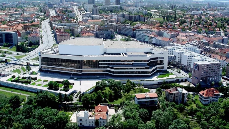 Aerial view of Prague Congress Centre showcasing architecture, landscaping, and the surrounding urban environment.