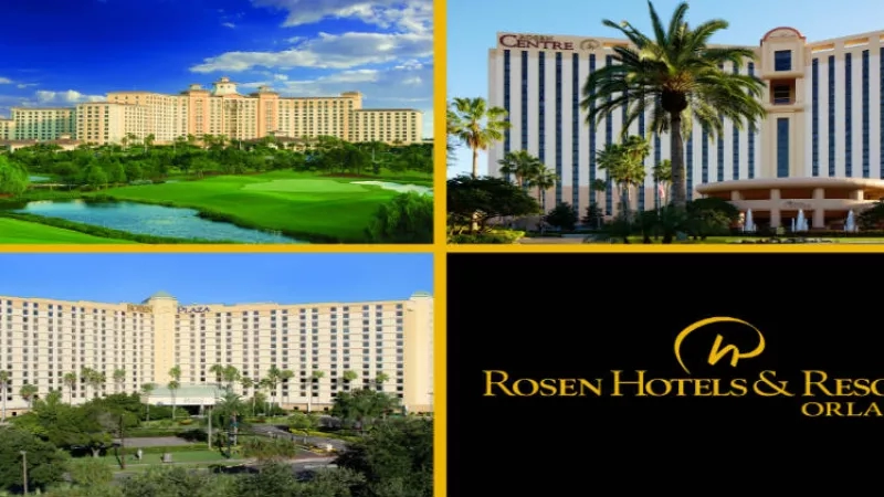 Collage of four images of Rosen Hotels and Resorts Orlando with the logo in the bottom right corner.