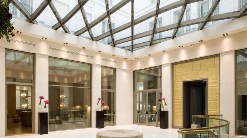 Starhotels Rosa Grand in Milan, Italy: view of the hotel hall from the inside.