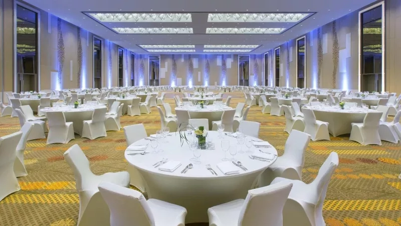 The Westin Langkawi Resort & Spa banquet hall arranged for a grand event with elegant decor and lighting.
