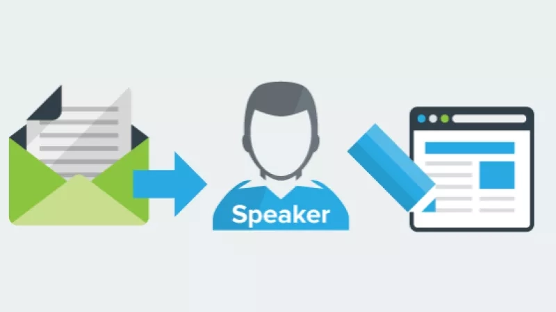 Email with a document attached to it being sent to a speaker who then creates a presentation.