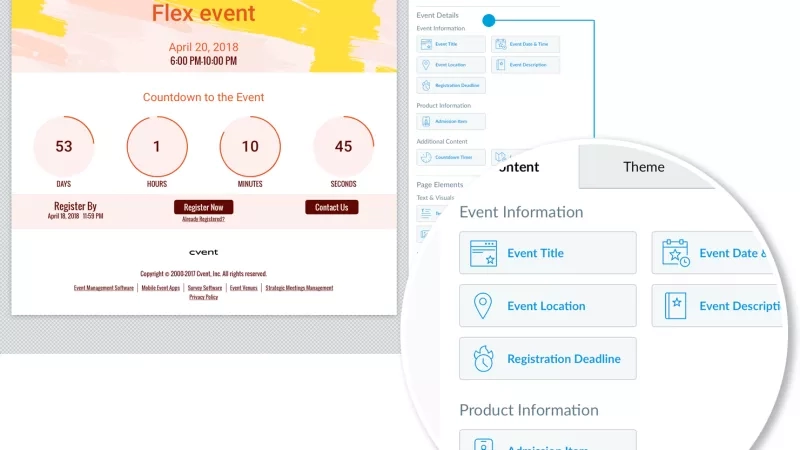 The Flex Editor's right panel is shown with the Event Information and Product Information widgets expanded.