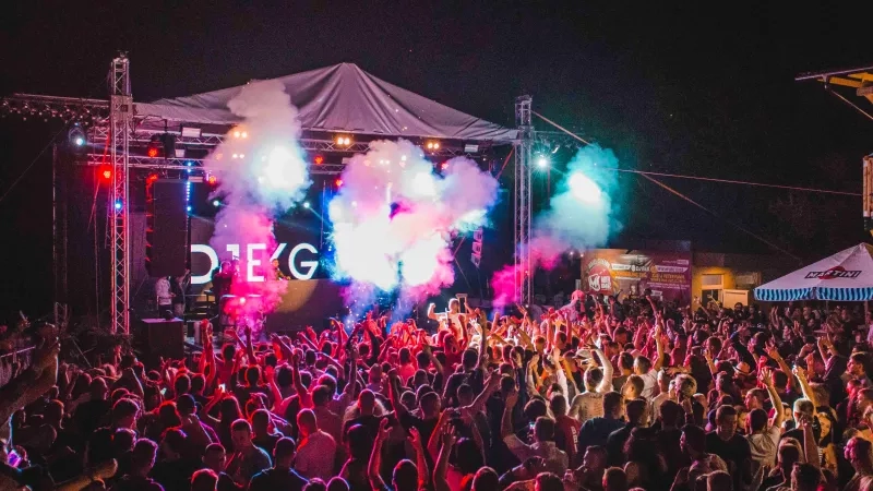 Large crowd of people watching an outdoor concert with colorful smoke effects and DJ EG on stage.
