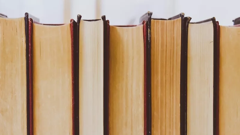 A close up of a row of vintage books with red and black spines.