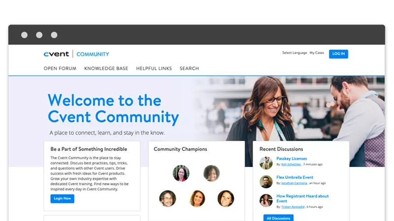Screenshot of the Cvent Community website featuring a welcome message and recent discussions.