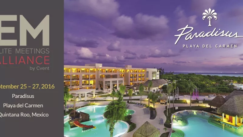 Elite Meetings Alliance poster for Paradisus Playa del Carmen resort with pool and ocean view.