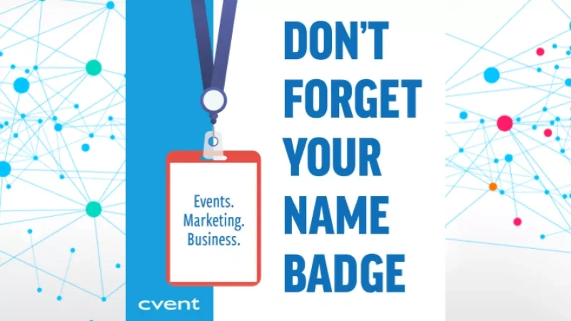 An infographic on an event name badge with a blue and white background and colorful dots.
