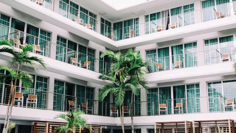 Hotel exterior with lush palm trees and modern architecture, creating a serene and tropical ambiance.