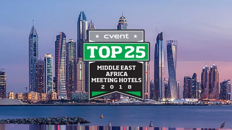 Dubai city view at night with the text "Top 25 Middle East Africa Meeting Hotels 2018".