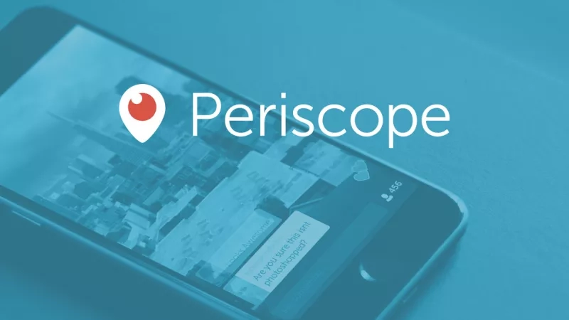 Periscope logo with mobile phone displaying a message on screen and a blue background.