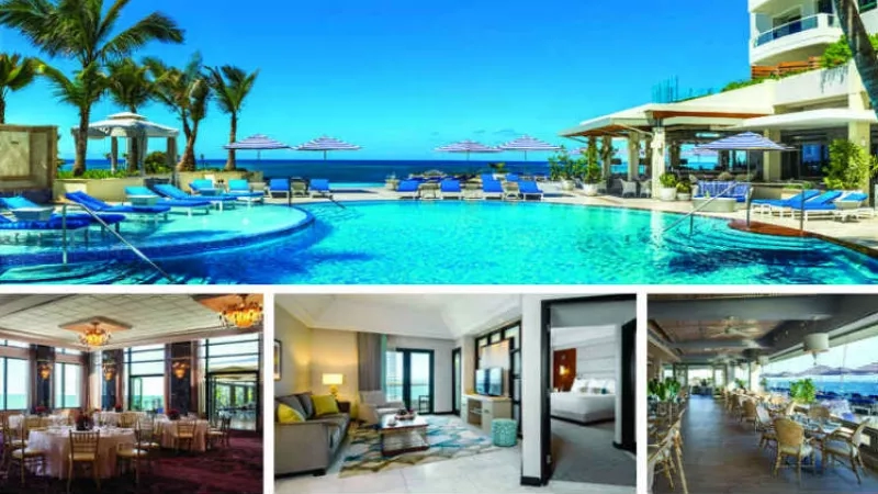 Montage in Laguna Beach resort with swimming pool, rooms, and dining area with an ocean view.