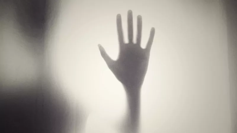 A hand appears to be coming out of a curtain, with its silhouette visible.