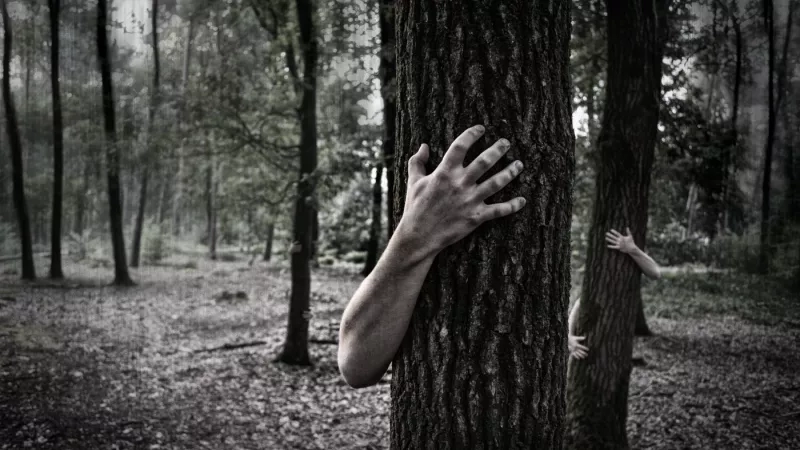 A black-and-white image of two hands grasping the trunks of two trees in a forest.