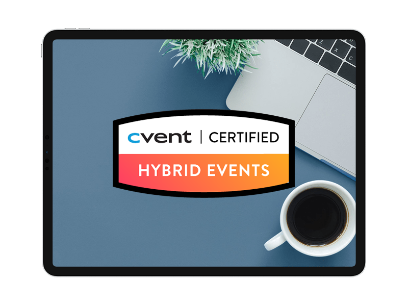 Cvent Hybrid Events Certification badge with a laptop and coffee on a blue background.