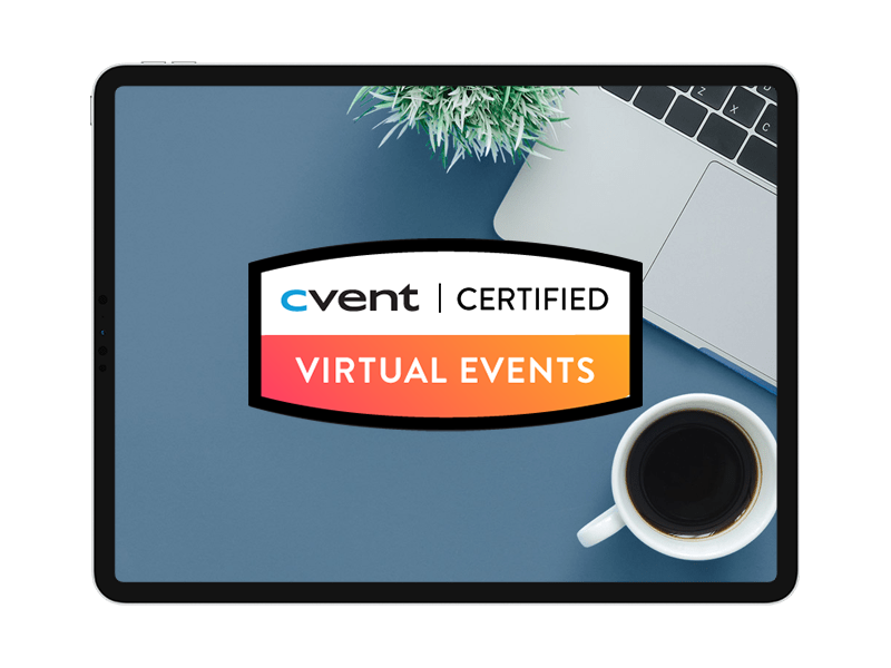 An iPad shows the Cvent Certified Virtual Events badge, a laptop, and a coffee cup.