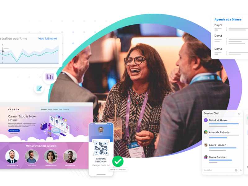 Group of people, graphs, text, infographic, phone, speakers, name tag, and check mark.