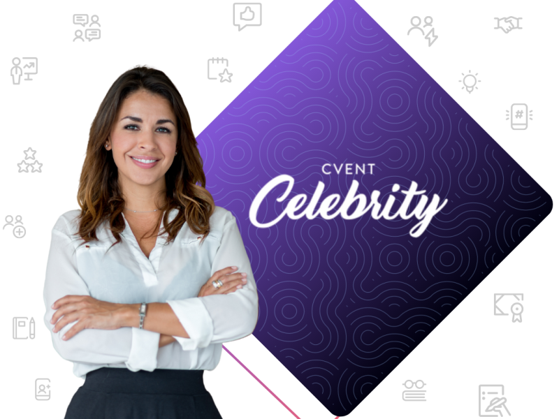 Woman smiling with arms crossed in front of purple diamond with text "EVENT Celebrity" on it.