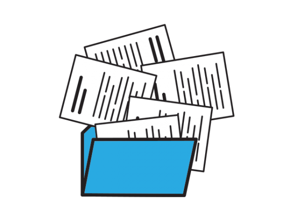 An illustration of a file cabinet with scattered papers on top.
