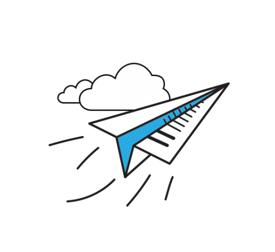A white background displays a blue paper airplane flying towards clouds with a blue sky.