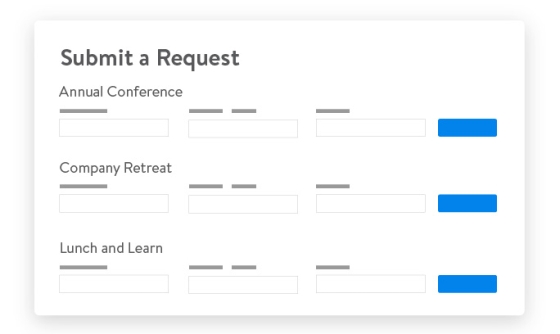 A screenshot of a meeting request workflow with three request types, including annual conference, company retreat, and lunch and learn.