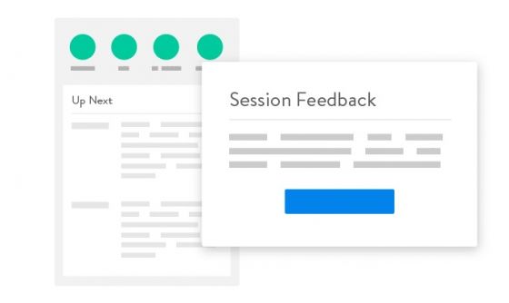 A window that reads 'session feedback' in blue with a background that reads 'up next'.