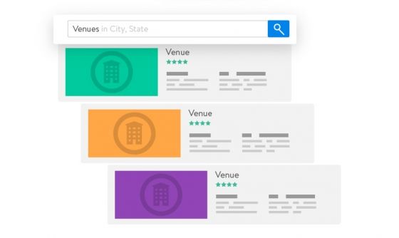 A screenshot of the search bar with multiple venue options showing the name, architecture, landscaping, and ambiance.