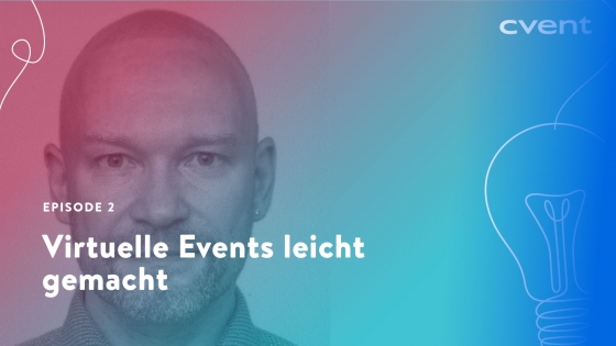 Portrait of a bald man, text "Virtuelle Events leicht gemacht", blue and pink background, light bulb icon.