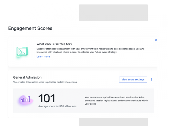 Engagement Scores page with General Admission score of 101 for 505 attendees.