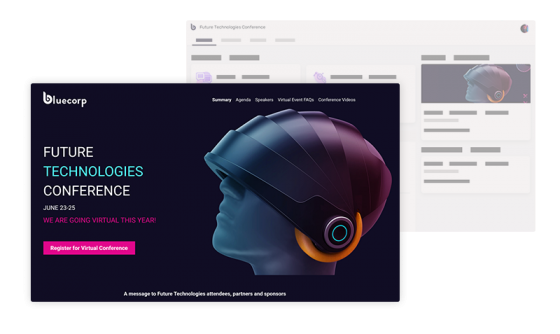 Future Technologies Conference 2020 banner and webpage with a virtual event platform for attendees.