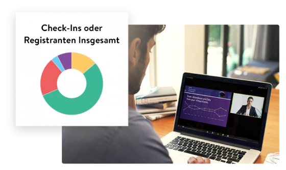 A laptop displays a virtual event, and a pie chart shows check-ins or registrants.