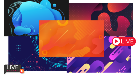 A live stream video with various abstract designs, a blue circle, and the text "LIVE" in red.