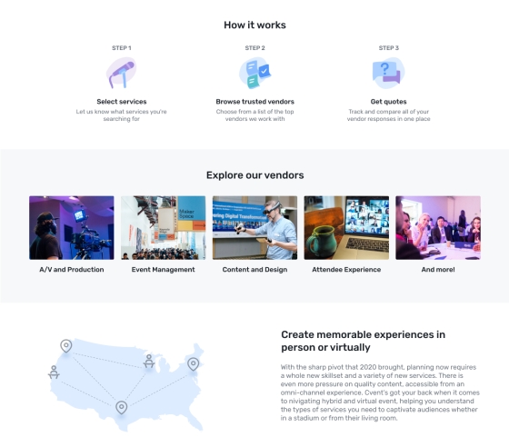 The homepage of Cvent's website, showcasing how it works, vendor services, and memorable experiences.