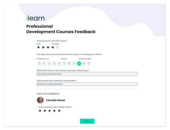 ilearn professional development courses feedback with Claudia Haner as the instructor