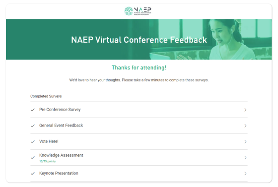 Screenshot of the NAEP virtual conference feedback page with five surveys and a woman in the background.