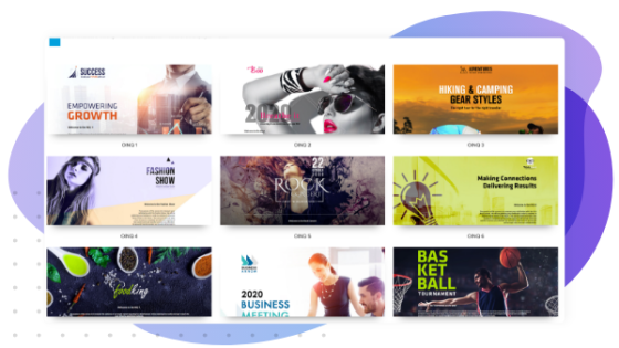 Nine template designs are displayed on a circular background with the text "Ong" in the middle.