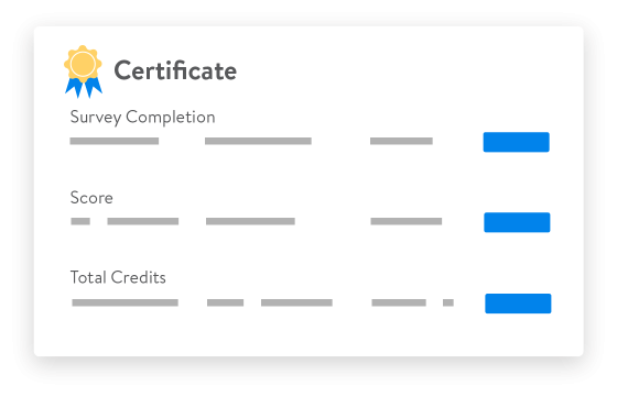 Certificate with three rows: Survey Completion, Score, and Total Credits.