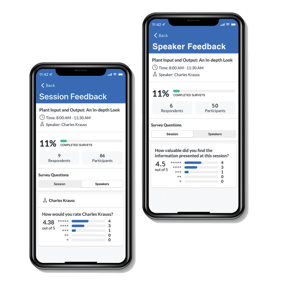 Smartphone screen displaying speaker feedback with session and survey questions on the screen.