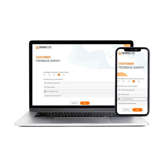 OrangeCorp Customer Feedback Survey shown on a laptop and mobile phone.