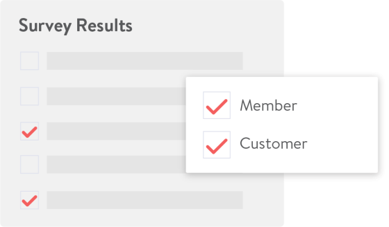 A screenshot of a survey results page with a filter menu open to show member and customer options.
