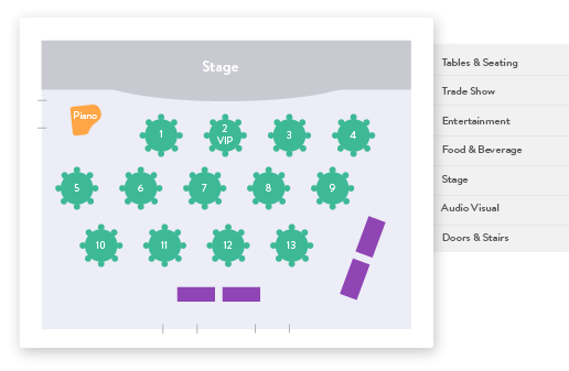 A floor plan of a stage with numbered tables, a piano, and a menu on the side.