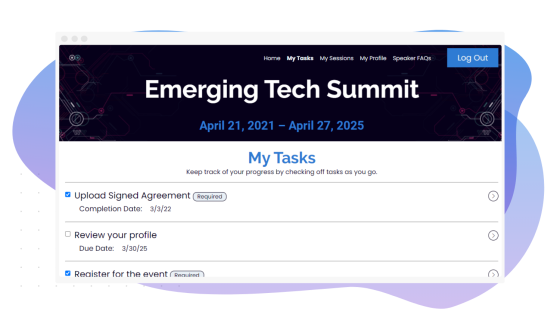 A pop-up window showing the "My Tasks" page with tasks to complete for the Emerging Tech Summit.