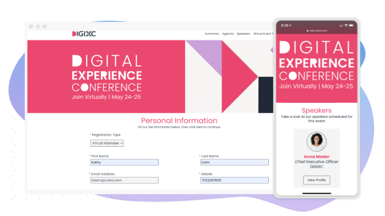 A Digital Experience Conference registration page is open on a laptop and smartphone.