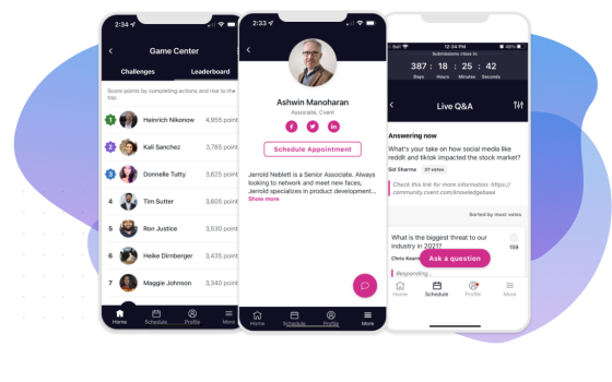Three screens of the attendee hub event app showing the leaderboard, profile, and live Q&A features.