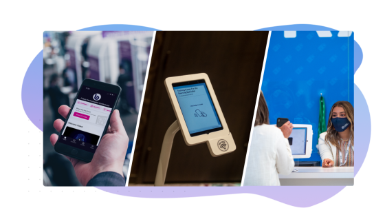 Collage of a mobile device, a kiosk, and a person scanning a QR code.