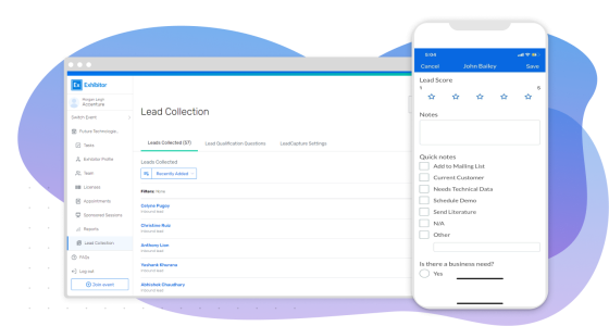Lead collection on the Exhibitor Portal mobile and desktop view.