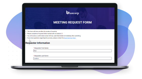 A laptop screen displaying a meeting request form with bluecorp logo and purple background.
